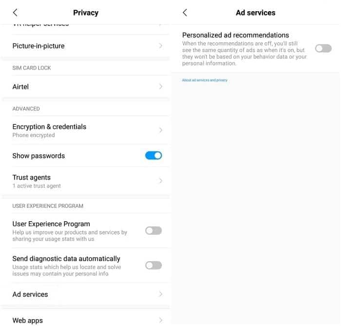 Disable Personalized ad recommendations in MIUI