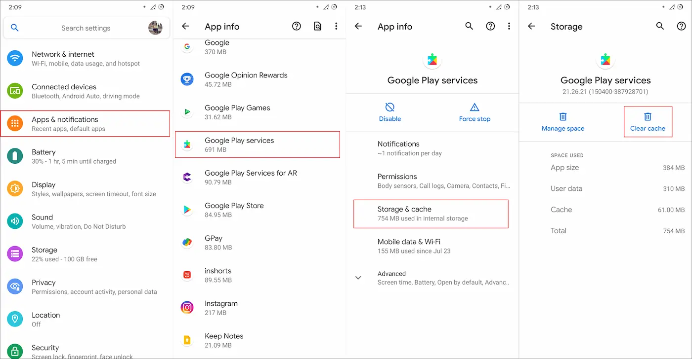 Google Play Services storage settings