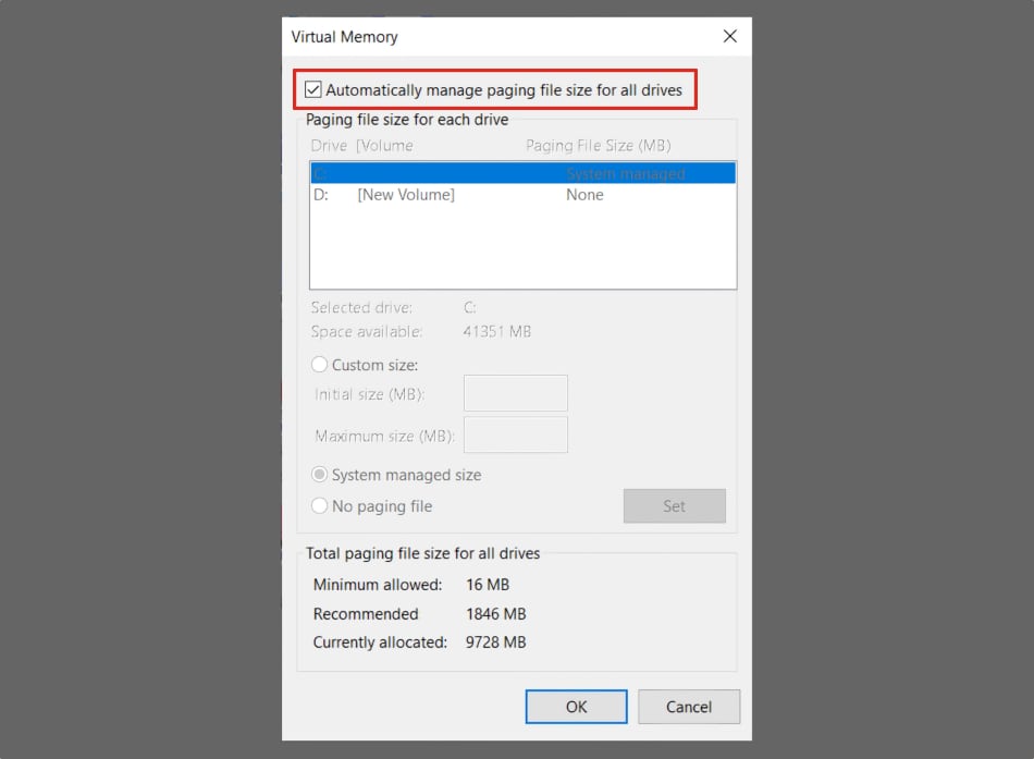 Uncheck the Automatically manage paging files size for all drives