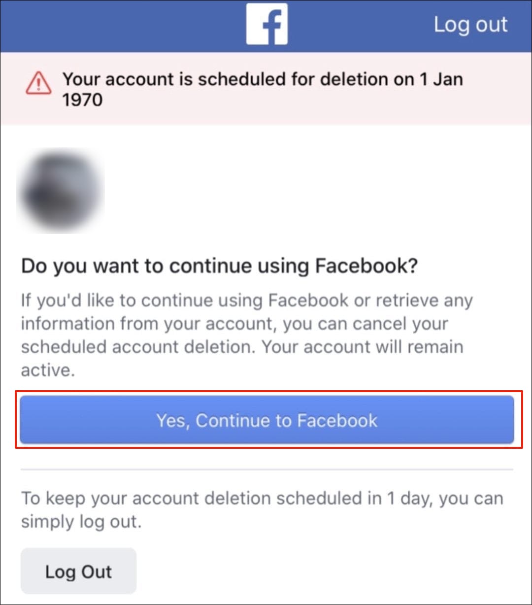 Click on the "Yes, Continue to Facebook" option