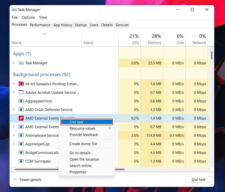 Close task from Task Manager