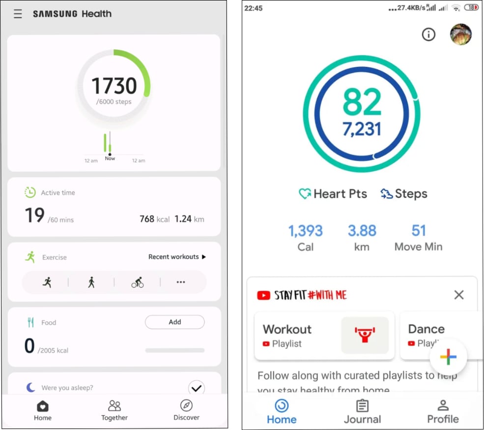 Steps tracking in Google Fit and Samsung Health.