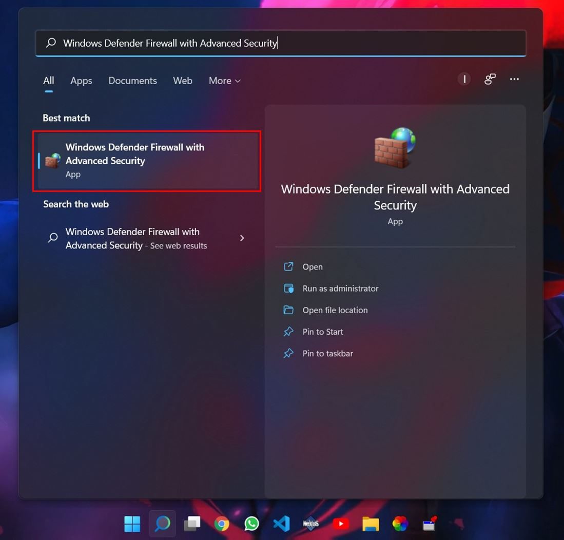 Search for Windows Defender Firewall