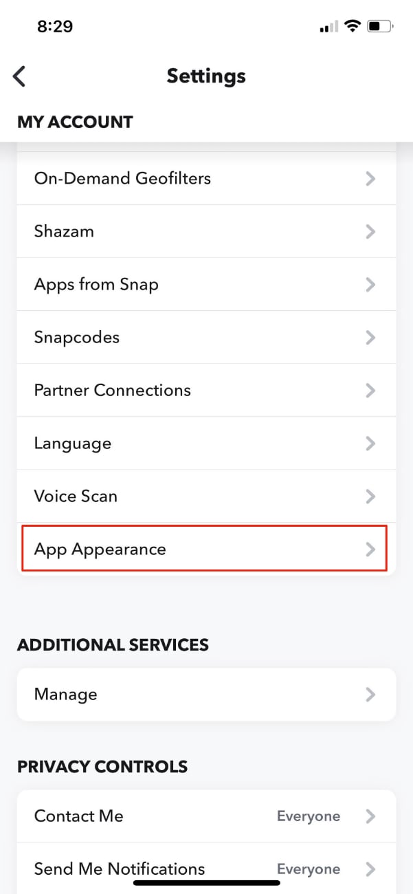 Tap the App Appearance option