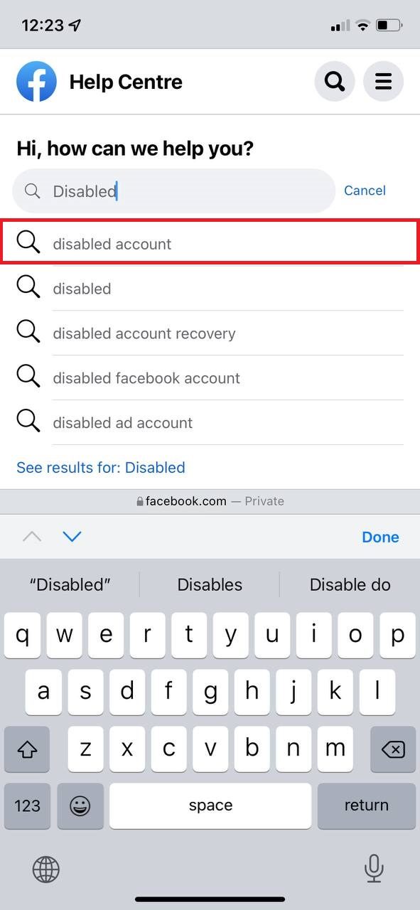 Search Disabled account in the search bar