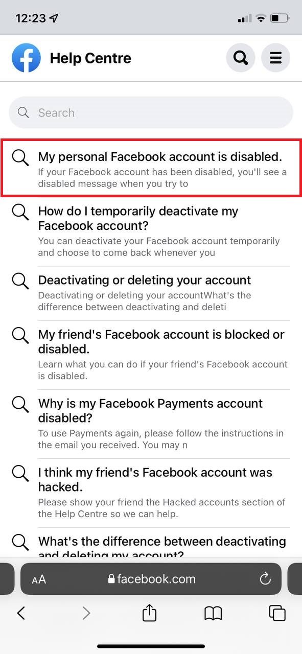 Go to My personal Facebook account is disabled