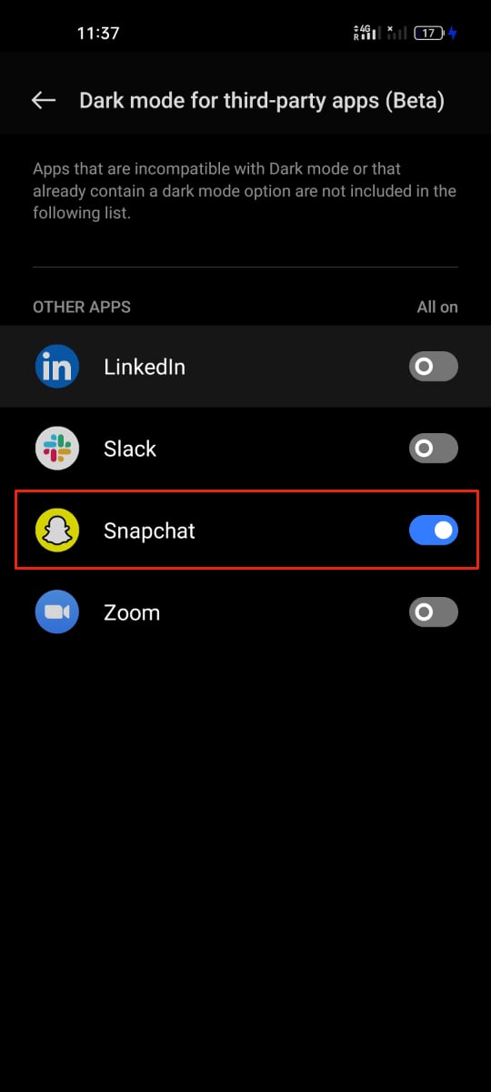 Enable dark mode on Snapchat