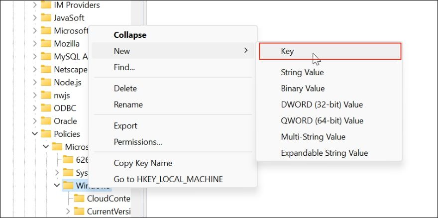 create new key in registry editor