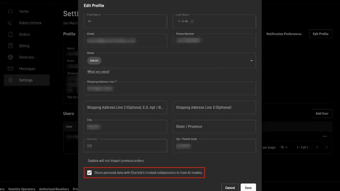 Starlink profile page